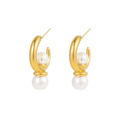 Stainless Steel Stud Earring, 304 Stainless Steel, with Plastic Pearl, 18K gold plated, fashion jewelry & for woman, golden 