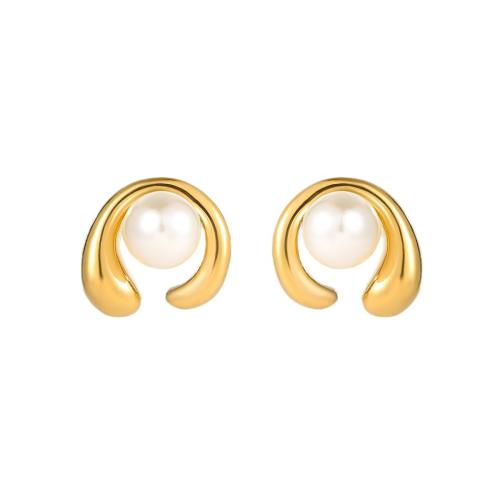 Stainless Steel Stud Earring, 304 Stainless Steel, with Plastic Pearl, 18K gold plated, fashion jewelry & for woman, golden 