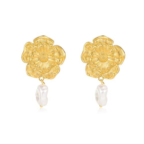 Stainless Steel Drop Earring, 304 Stainless Steel, with Plastic Pearl, Flower, 18K gold plated, fashion jewelry & for woman, golden, 25.2mm 