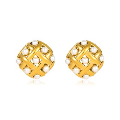 Stainless Steel Stud Earring, 304 Stainless Steel, with Plastic Pearl, 18K gold plated, fashion jewelry & for woman, golden, 20mm 