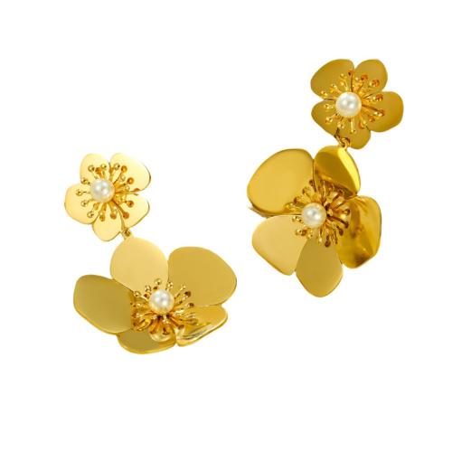 Stainless Steel Drop Earring, 304 Stainless Steel, with Plastic Pearl, Flower, 18K gold plated, fashion jewelry & for woman, golden 