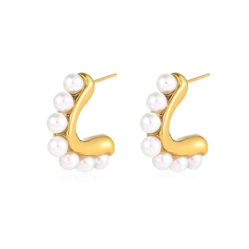 Stainless Steel Stud Earring, 304 Stainless Steel, with Plastic Pearl, Letter V, 18K gold plated, fashion jewelry & for woman, golden 