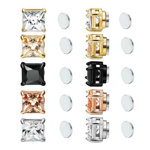 316 Stainless Steel Earring Clip, Square & for woman & with rhinestone 