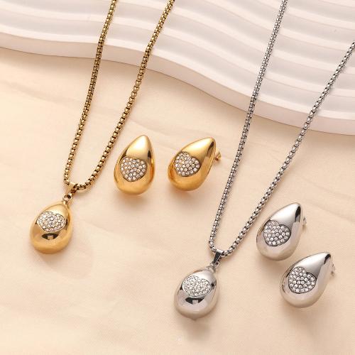 Rhinestone stainless steel Jewelry Set, 304 Stainless Steel, Teardrop & for woman & with rhinestone Approx 60 cm 