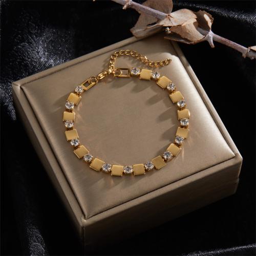 Stainless Steel Chain Bracelets, 316L Stainless Steel, 18K gold plated & for woman & with rhinestone, golden 