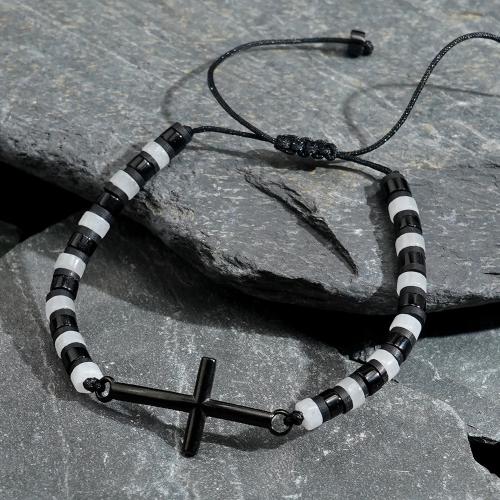 Bracelets en pierres précieuses, pierre gemme, avec corde de cire, croix, Réglable & pour homme, noire, Vendu par PC