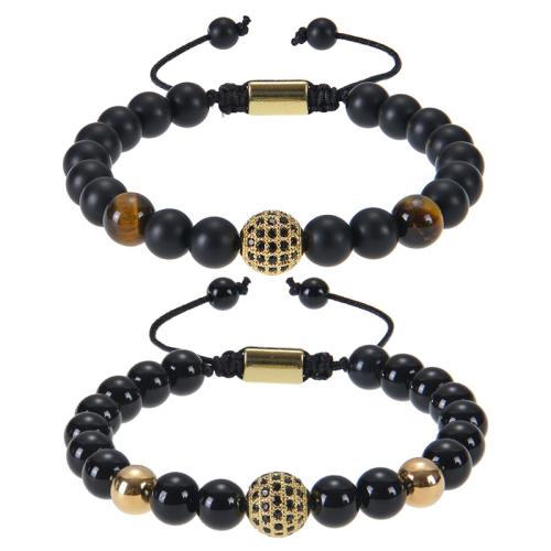 Bracelets en pierres précieuses, Pierre naturelle, avec Cordon de noeud & laiton, fait à la main, bijoux de mode & différents matériaux pour le choix & unisexe & pavé de micro zircon, noire .6-11.8 pouce, Vendu par PC