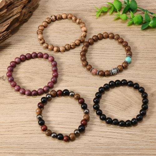 Wood Bracelets, Sandalwood, with Elastic Thread, handmade, 5 pieces & natural & Unisex, mixed colors 