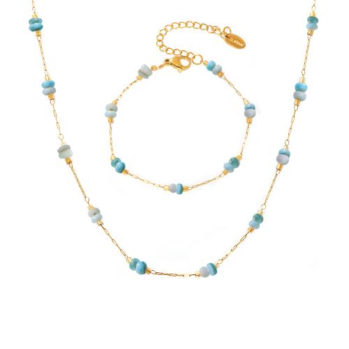 Fashion Stainless Steel Jewelry Sets, 304 Stainless Steel, with ​Amazonite​, with 5cm extender chain, fashion jewelry & for woman, golden Approx 40 cm, Approx 15 cm 