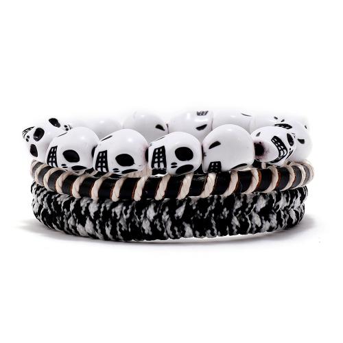 Bracelets de cuir de vachette, cuir de peau de vache, avec corde de cire & cordon de polyester & plastique, avec 8-9cm chaînes de rallonge, fait à la main, trois pièces & bijoux de mode & pour homme, blanc et noir Environ 17-18 cm, Vendu par PC[