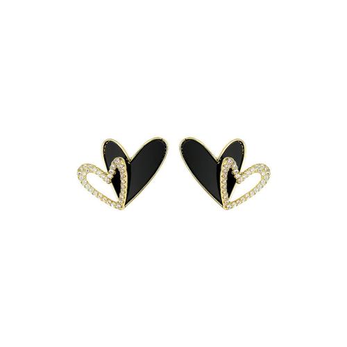 Zinc Alloy Rhinestone Stud Earring, Heart, plated, for woman & enamel & with rhinestone & hollow 