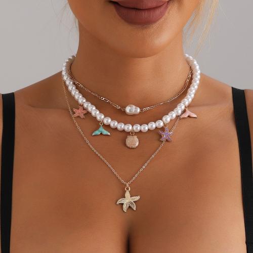 alliage de zinc collier, avec perle de plastique, Placage de couleur d'or, multicouche & Style bohème & conception océan & pour femme, Vendu par PC