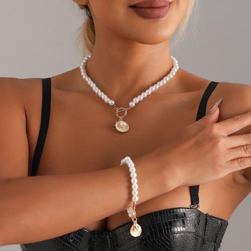 Zinc Alloy Bracelet and Necklace, with Plastic Pearl, gold color plated & for woman 