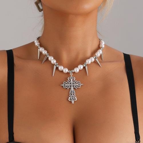 alliage de zinc collier, avec perle de plastique, avec 1.9inch chaînes de rallonge, croix, Placage de couleur platine, bijoux de mode & pour femme Environ 16.5 pouce, Vendu par PC