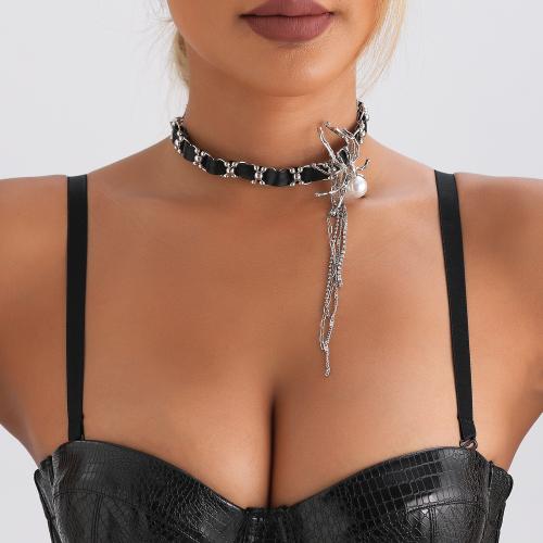 alliage de zinc collier, avec cuir PU & perle de plastique, avec 3.9inch chaînes de rallonge, araignée, Placage de couleur platine, style gothique & pour femme Environ 14.1 pouce, Vendu par PC