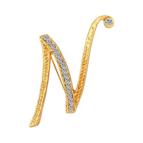 Rhinestone Zinc Alloy Brooch, Alphabet Letter, fashion jewelry & for woman & with rhinestone, golden, 45mm 