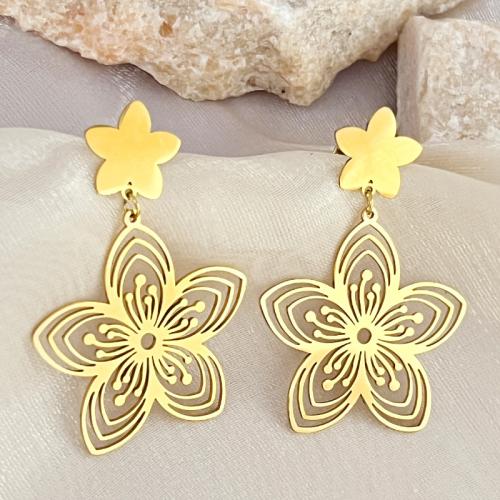 Stainless Steel Drop Earring, 304 Stainless Steel, Flower, 18K gold plated, fashion jewelry & for woman & hollow, golden 