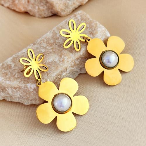 Stainless Steel Drop Earring, 304 Stainless Steel, with Plastic Pearl, Flower, fashion jewelry & for woman, golden, 50mm 