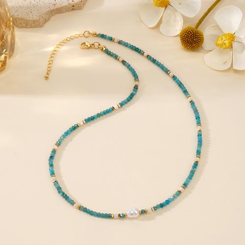 Gemstone Necklaces, Brass, with Gemstone & Plastic Pearl, gold color plated, for woman, blue 