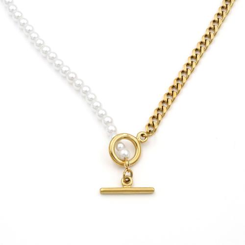 Stainless Steel Jewelry Necklace, 304 Stainless Steel, with Plastic Pearl, plated, for woman, gold 