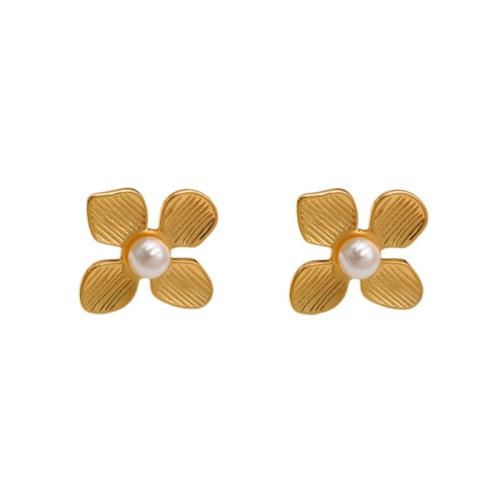 Stainless Steel Stud Earring, 304 Stainless Steel, with Plastic Pearl, petals, plated, for woman, gold 