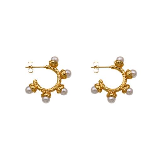 Stainless Steel Stud Earring, 304 Stainless Steel, with Plastic Pearl, plated, for woman, gold 