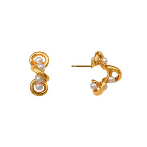 Stainless Steel Stud Earring, 304 Stainless Steel, with Plastic Pearl, plated, for woman, gold 