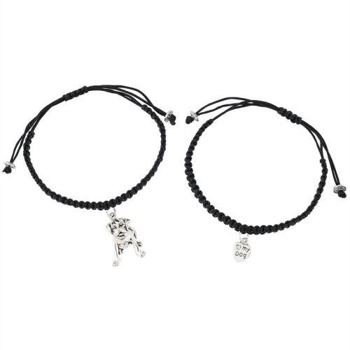 Moda crear pulseras de cordón de cera, aleación de zinc, con Cordón de cera, 2 piezas & unisexo & diferentes estilos para la opción, plateado, longitud:aproximado 18-30 cm, Vendido por Set