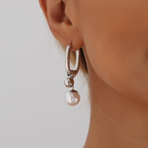 Zinc Alloy Asymmetric Earrings, with Plastic Pearl, platinum color plated, for woman & hollow 