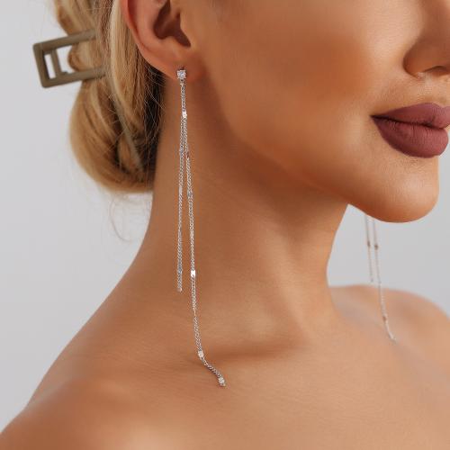 Zinc Alloy Tassel Earring, for woman & with rhinestone, silver color, 160mm 