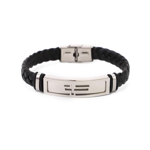 PU Leather Cord Bracelets, 201 Stainless Steel, with PU Leather, fashion jewelry & Unisex, black Approx 21.5 cm 