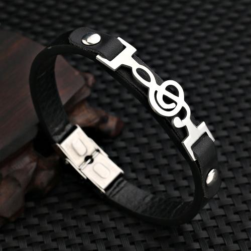 PU Leather Cord Bracelets, 201 Stainless Steel, with PU Leather, Music Note, fashion jewelry & Unisex, black Approx 20.5 cm 