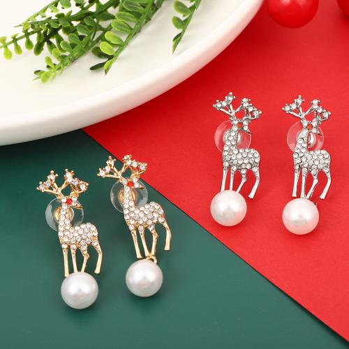 Christmas Earrings, Zinc Alloy, with Plastic Pearl, Deer, Christmas Design & for woman & with rhinestone 