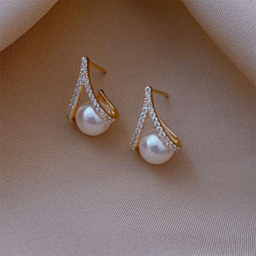 Boucle d'oreille en alliage de zinc en plastique perle, avec perle de plastique, Placage, bijoux de mode & pour femme & avec strass, doré Vendu par paire