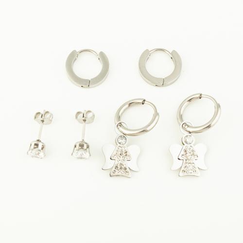 Stainless Steel Drop Earring, 304 Stainless Steel, plated, three pieces & micro pave cubic zirconia & for woman, original color 