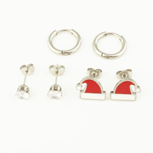 Stainless Steel Drop Earring, 304 Stainless Steel, plated, three pieces & micro pave cubic zirconia & for woman & enamel, original color 