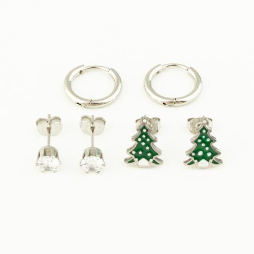 Stainless Steel Drop Earring, 304 Stainless Steel, plated, three pieces & micro pave cubic zirconia & for woman & enamel, original color 