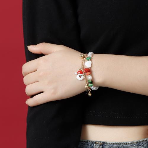 Zinc Alloy Bracelet, with Gemstone & Plastic Pearl, Santa Claus, gold color plated, Double Layer & Christmas jewelry & for woman & enamel Approx 6-8 Inch [