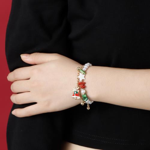 Zinc Alloy Bracelet, with Gemstone & Plastic Pearl, Christmas Bell, gold color plated, Double Layer & Christmas jewelry & for woman & enamel Approx 6-8 Inch [