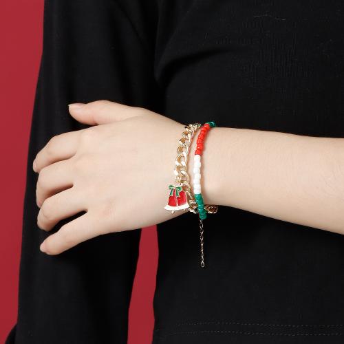 Zinc Alloy Bracelet, with Seedbead, Christmas Bell, gold color plated, Double Layer & Christmas jewelry & for woman & enamel Approx 6-8 Inch [