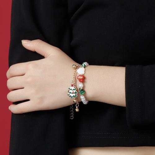 Zinc Alloy Bracelet, with Gemstone & Plastic Pearl, Christmas Tree, gold color plated, Double Layer & Christmas jewelry & for woman & enamel Approx 6-8 Inch [