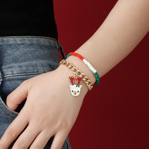 Zinc Alloy Bracelet, with Seedbead, gold color plated, Double Layer & Christmas jewelry & for woman & enamel Approx 6-8 Inch [