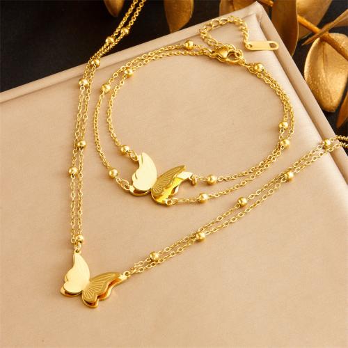 Fashion Stainless Steel Jewelry Sets, 304 Stainless Steel, Butterfly, Double Layer & for woman, golden 