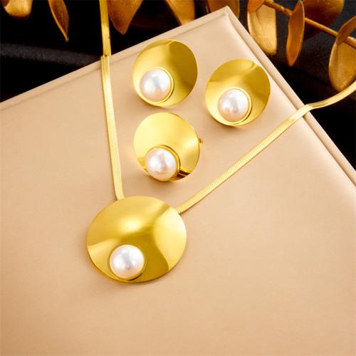 Fashion Stainless Steel Jewelry Sets, 304 Stainless Steel, with Plastic Pearl, fashion jewelry & for woman, golden 