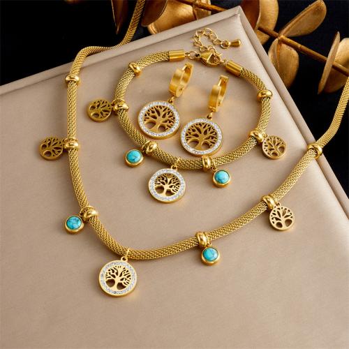 Rhinestone stainless steel Jewelry Set, 304 Stainless Steel, with turquoise & for woman & with rhinestone, golden 