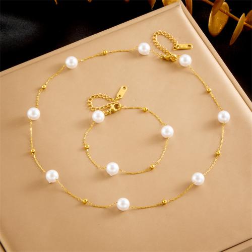 Fashion Stainless Steel Jewelry Sets, 304 Stainless Steel, with Plastic Pearl, fashion jewelry & for woman, golden 