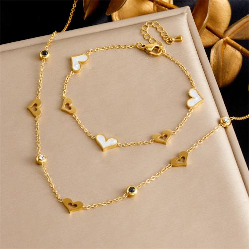 Fashion Stainless Steel Jewelry Sets, 304 Stainless Steel, with White Shell, Heart, fashion jewelry & for woman, golden 