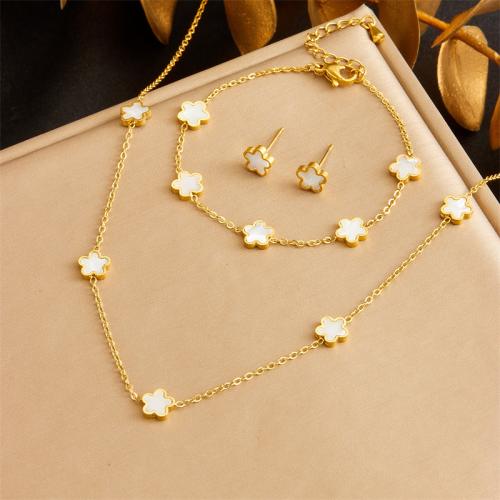 Fashion Stainless Steel Jewelry Sets, 304 Stainless Steel, with White Shell, Flower, fashion jewelry & for woman, golden 