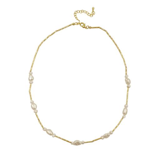 Freshwater Pearl Brass Necklace, with Freshwater Pearl, with 2 Inch extender chain, gold color plated, fashion jewelry & for woman Approx 16 Inch [