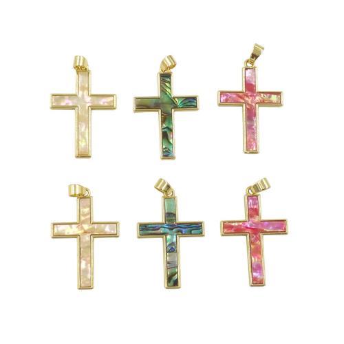 Brass Shell Pendants, with Shell, Cross, gold color plated, DIY [